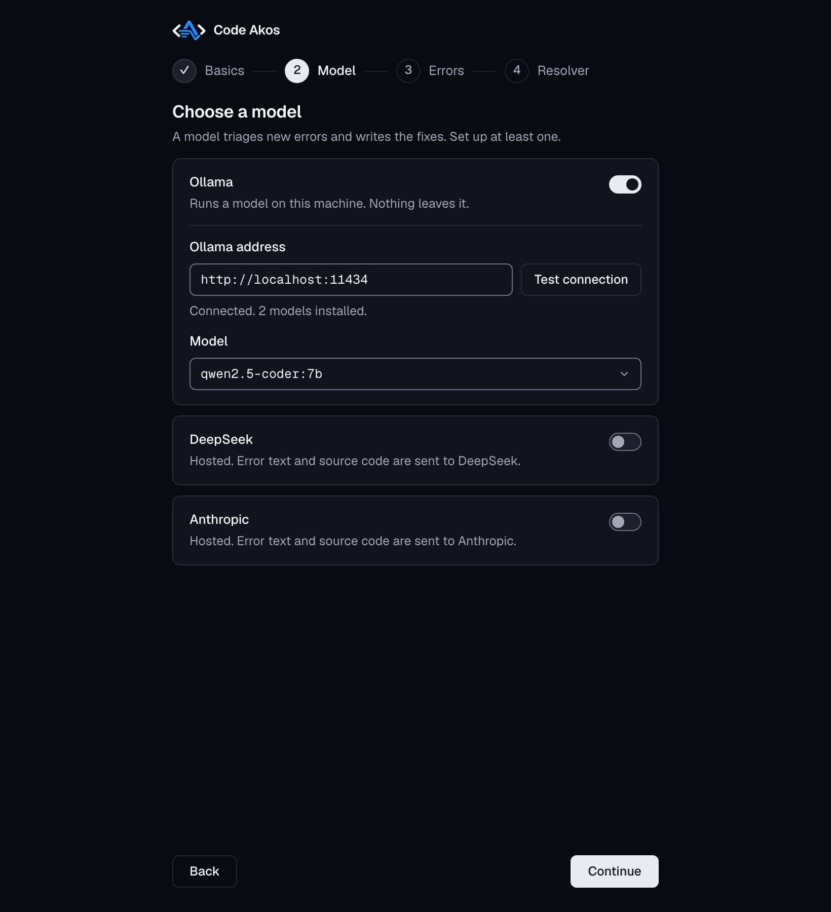 Code Akos setup, step 2: Ollama connected with qwen2.5-coder:7b selected, DeepSeek and Anthropic switched off