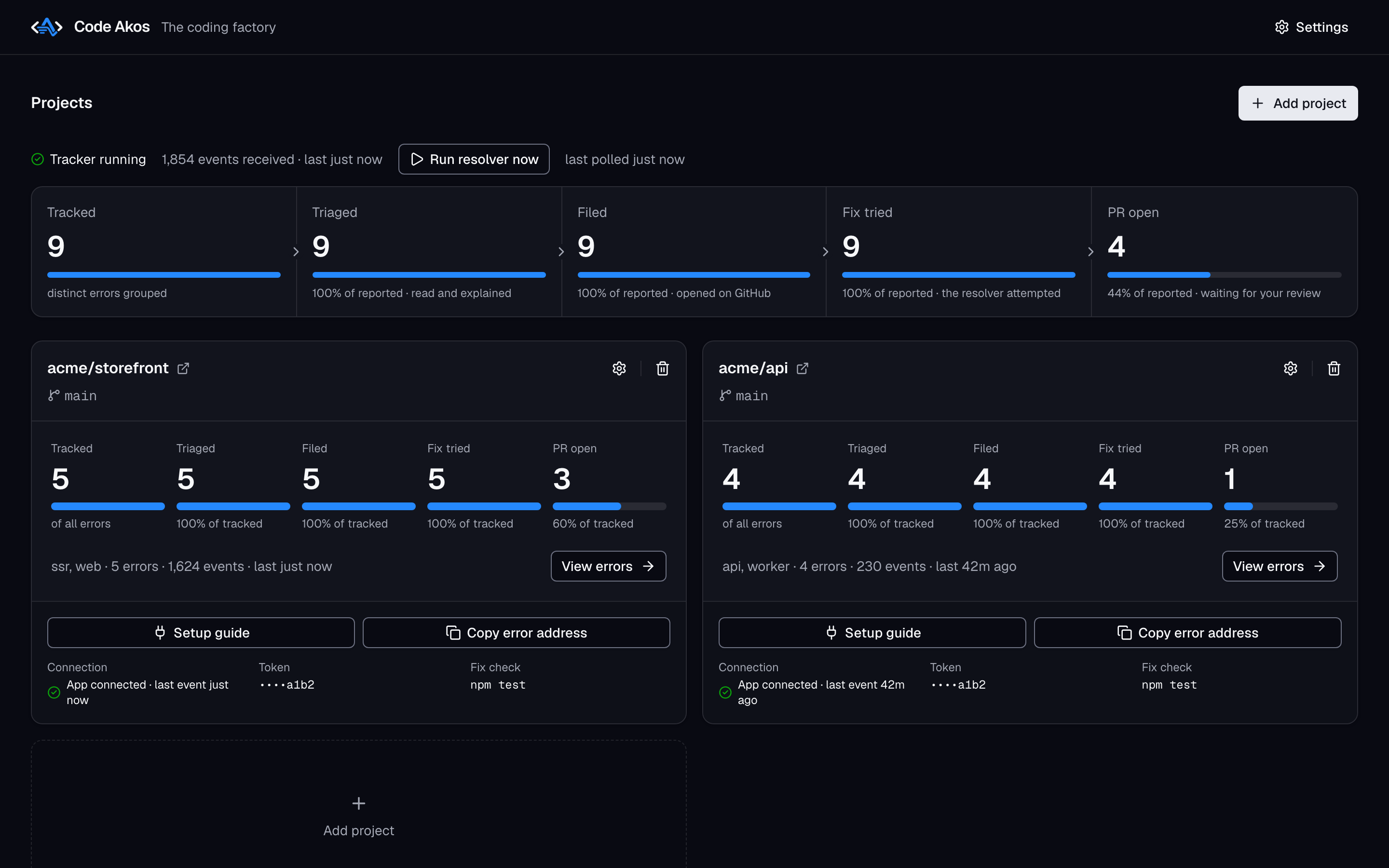 Code Akos dashboard showing two projects and how many errors reached each stage