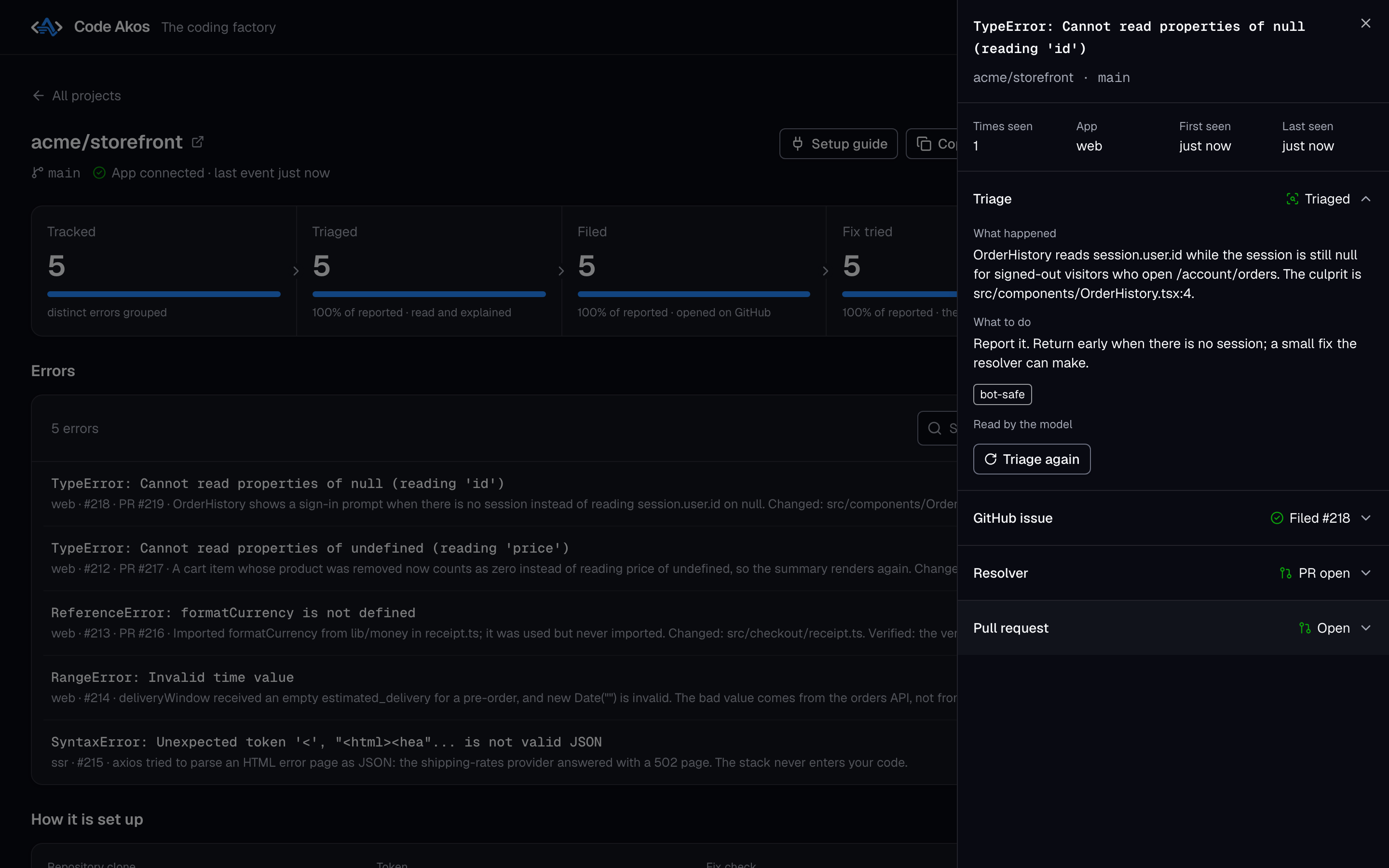 An error opened in Code Akos, showing what triage found and the bot-safe tag