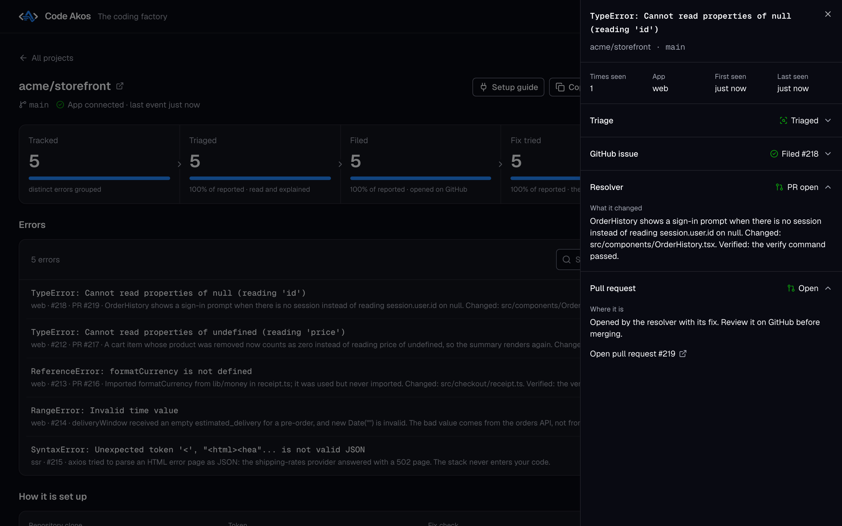 An error in Code Akos with an open pull request: what the resolver changed and a link to the pull request