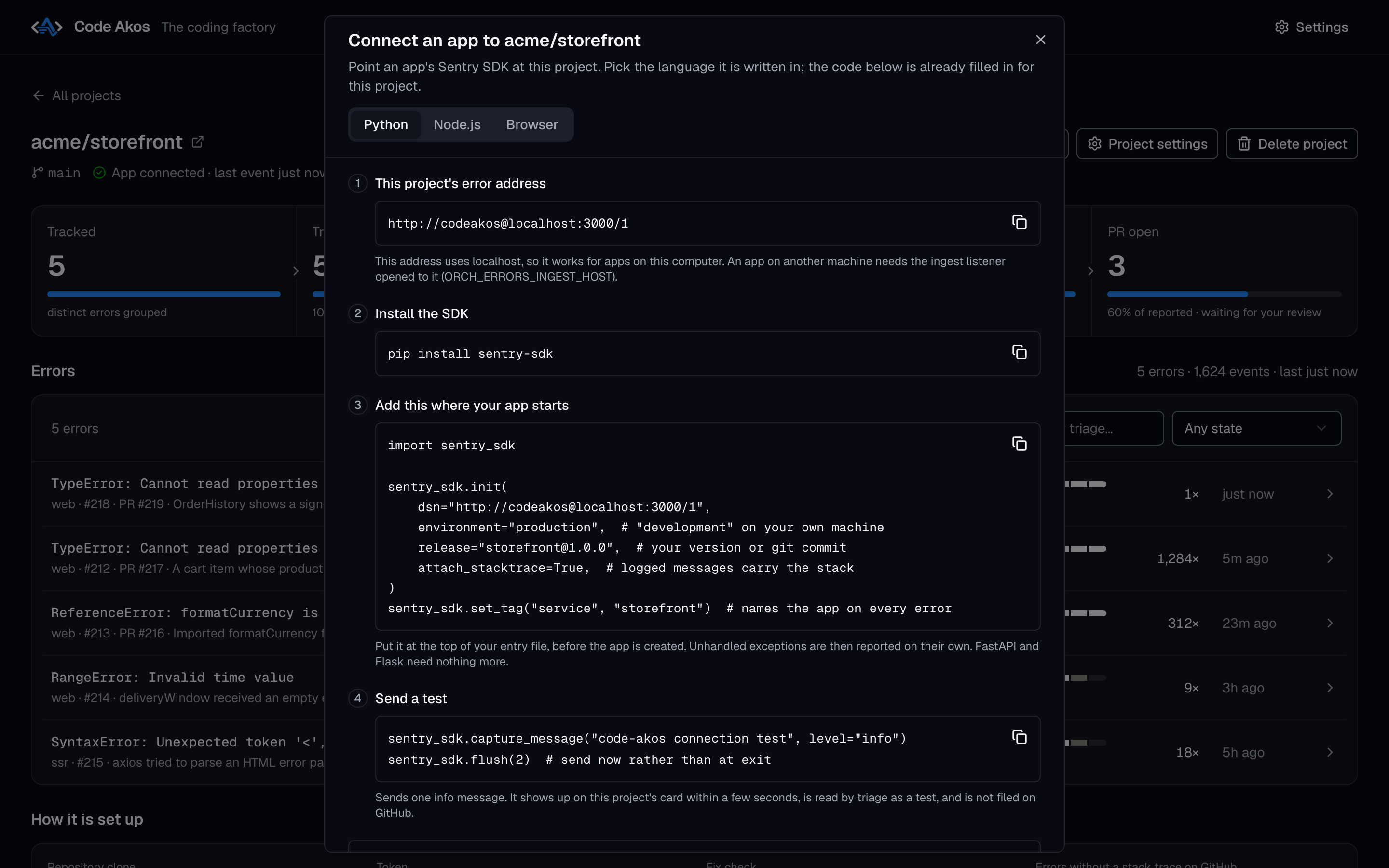 Connect guide with Sentry SDK setup code for Python, already filled in for the project