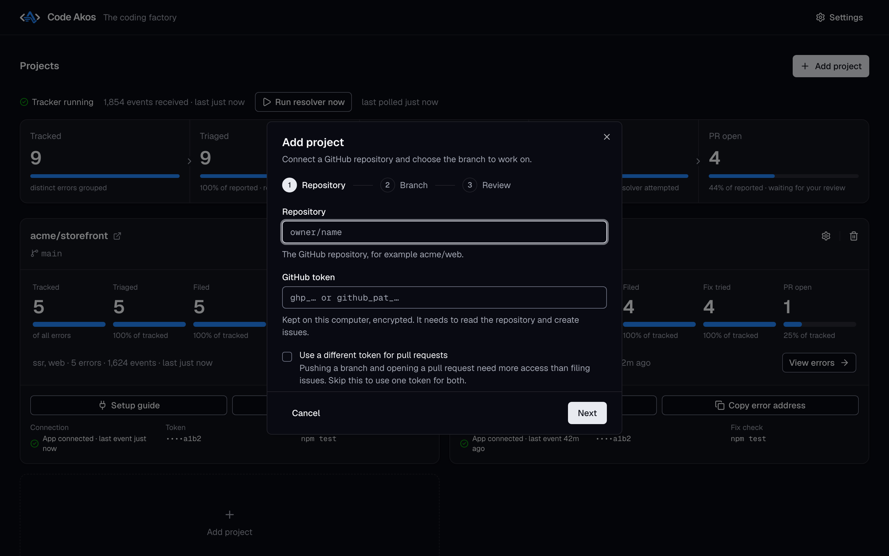 The Add project window in Code Akos, asking for the repository and a GitHub token